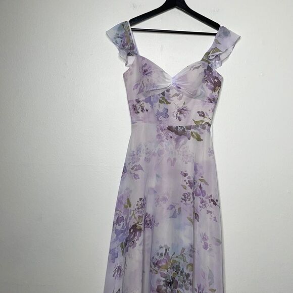 Marchesa Lilac Floral Chiffon Gown with Ruffle Cami Straps and Waist Tie Sz 0 - Picture 7 of 14